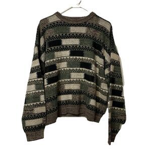 Vintage Bachrach Geometric 90s Y2K Dad Grandpa Wool Black Brown Green Sweater L